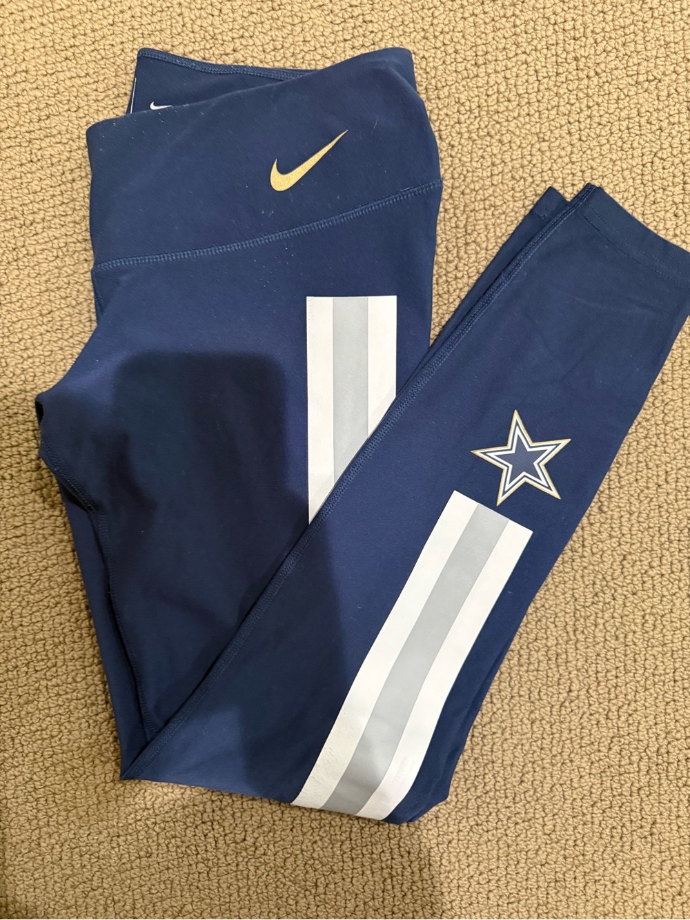 NFL Navy Leggings with White Stripes and Gold Swoosh - Dallas Star Accent
